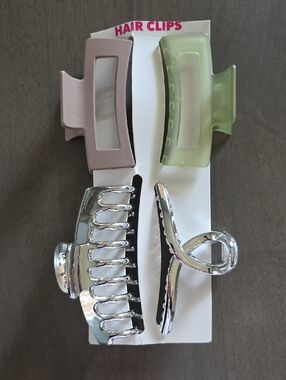 Set of 4 Stylish Hair Clips - Tan, Green,& Silver